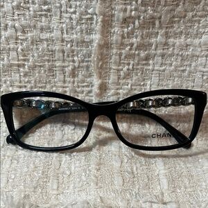 Authentic CHANEL BlackGlasses with leather Chain Detail 3264-q c.1513